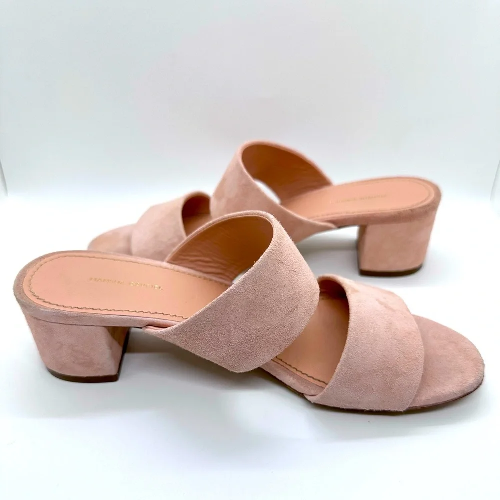 Mansur Gavriel Apricot Suede Double Strap Block Heel Slides - Picture 3 of 8